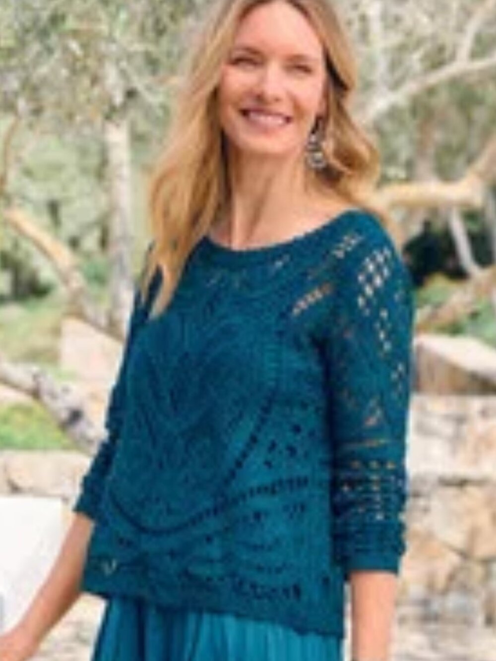 Soft Surroundings Jewel Tone Teal Crochet Knit Lined Cotton Lace Liliana Sweater